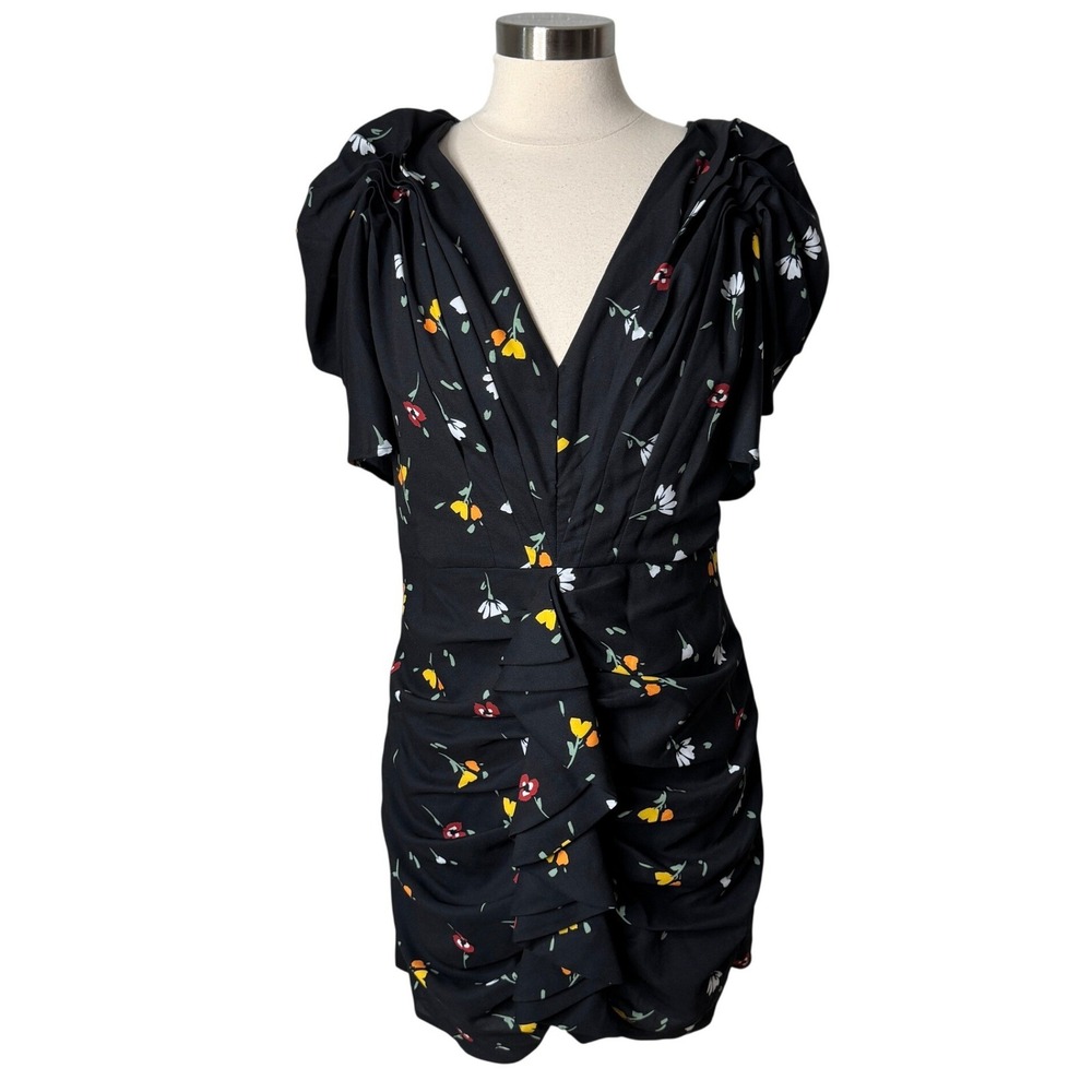 C MEO Collective Vices Mini Dress Black V-Neck Pleated Puff Sleeve Womens US 8